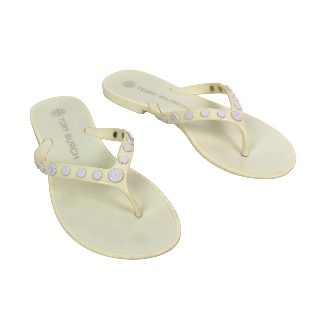 Tory Burch OF WHITE PVC FLAT BEACH SHOES FLIP FLOPS TONG SANDALS Sz 8